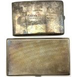 Engine turned silver cigarette case with inscription dated 1950 and another with presentation inscri