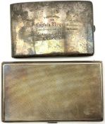 Engine turned silver cigarette case with inscription dated 1950 and another with presentation inscri