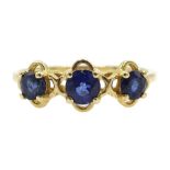 9ct gold three stone sapphire ring, hallmarked