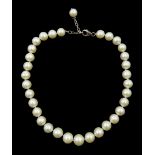 Single strand pearl necklace, each pearl approx 12mm, with silver clasp stamped 925