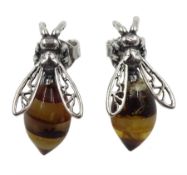 Pair of silver Baltic amber bee stud earrings, stamped 925