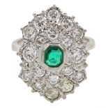 White gold Zambian emerald and diamond cluster ring, stamped 18ct, total diamond weight approx 3.30