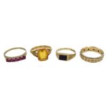 Gold citrine ring, gold onyx ring and a cubic zirconia eternity ring, all 9ct hallmarked or stamped