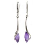 Pair of silver amethyst pendant earrings, stamped 925