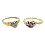 Gold three stone diamond and ruby ring and a single stone diamond ring, heart shaped design, both 18