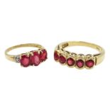 Gold five stone ruby ring and a gold three red stone and diamond ring, both 9ct stamped or hallmarke