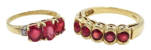 Gold five stone ruby ring and a gold three red stone and diamond ring, both 9ct stamped or hallmarke