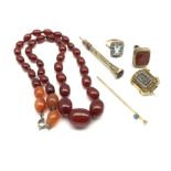 Amber bead necklace L46cm, pinchbeck fob seal, 19th century mourning brooch with hair panel, gilt me