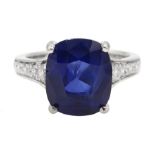 Platinum cushion cut Ceylon sapphire ring, with diamond shoulders, hallmarked, sapphire 6.07 carat