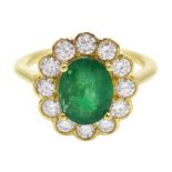 18ct gold oval emerald and diamond cluster ring, hallmarked, emerald approx 1.60 carat, diamond tota