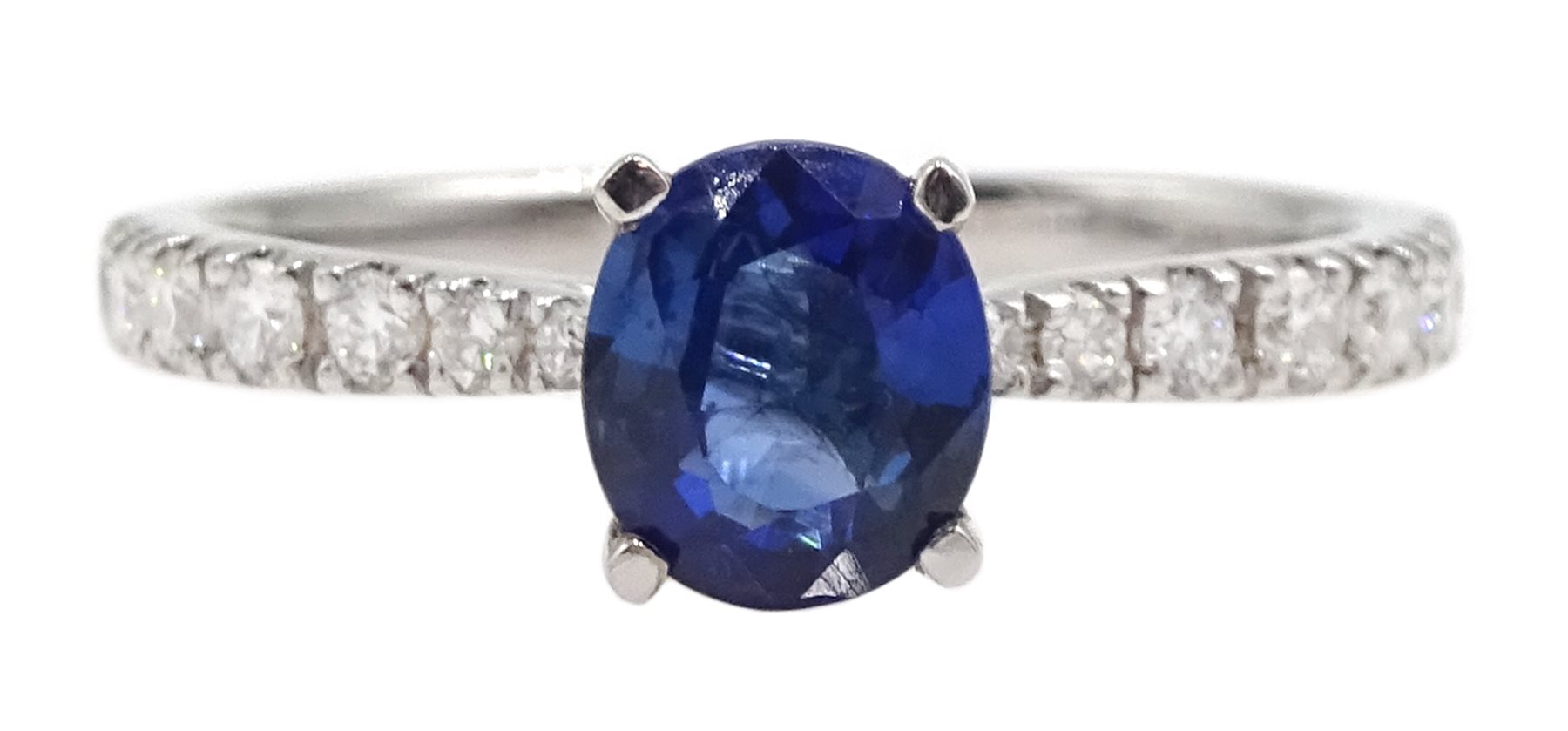 18ct white gold oval Ceylon sapphire ring, with diamond set shoulders, hallmarked, sapphire approx 0