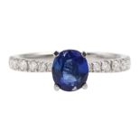18ct white gold oval Ceylon sapphire ring, with diamond set shoulders, hallmarked, sapphire approx 0