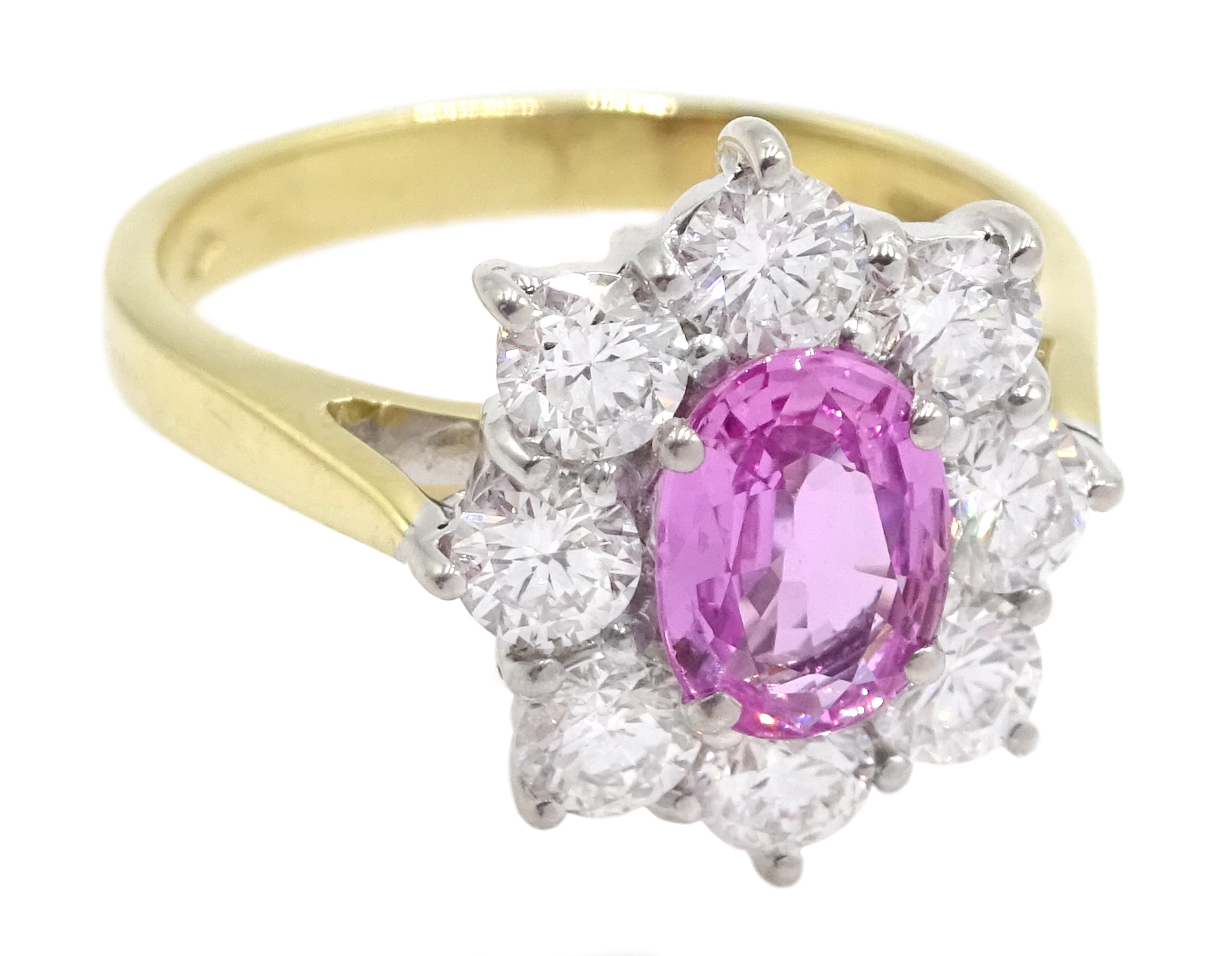 18ct gold pink sapphire and diamond cluster ring, hallmarked, sapphire approx 0.90 carat, total diam - Image 8 of 11