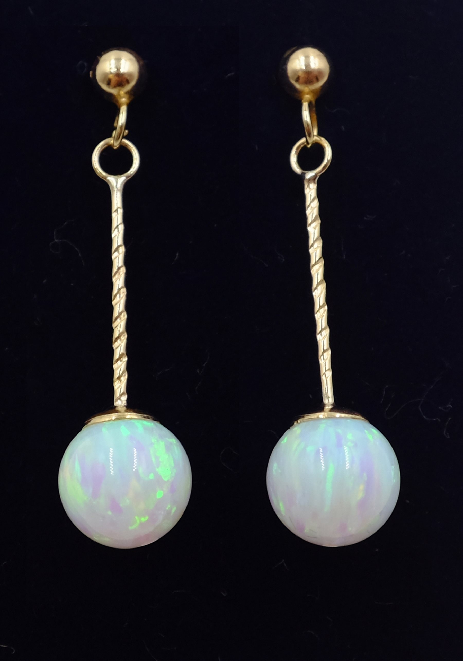 Pair of 9ct gold opal pendant earrings, stamped 375