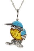 Silver Baltic amber and turquoise kingfisher pendant necklace, stamped 925