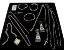 Silver bangles, bracelets, chain necklaces, pair of earrings, brooch and ingot, all hallmarked or te