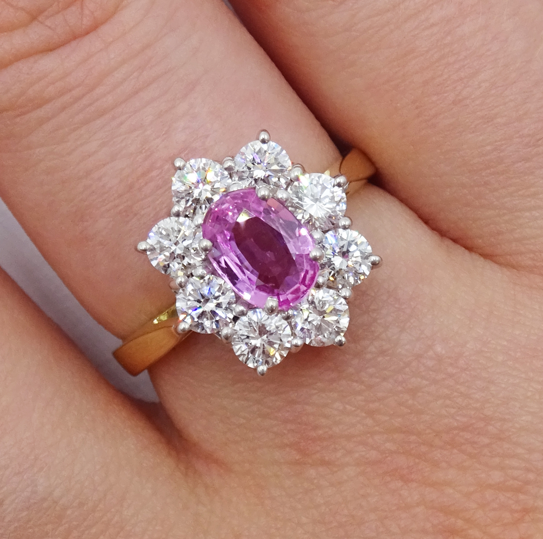 18ct gold pink sapphire and diamond cluster ring, hallmarked, sapphire approx 0.90 carat, total diam - Image 7 of 11