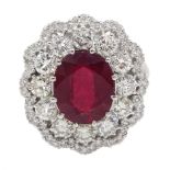 White gold oval ruby and round brilliant cut diamond ring, stamped 14K, ruby approx 5.70 carat, tota