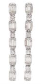 Pair of 18ct white gold baguette and round brilliant cut diamond pendant earrings, stamped K18, tota