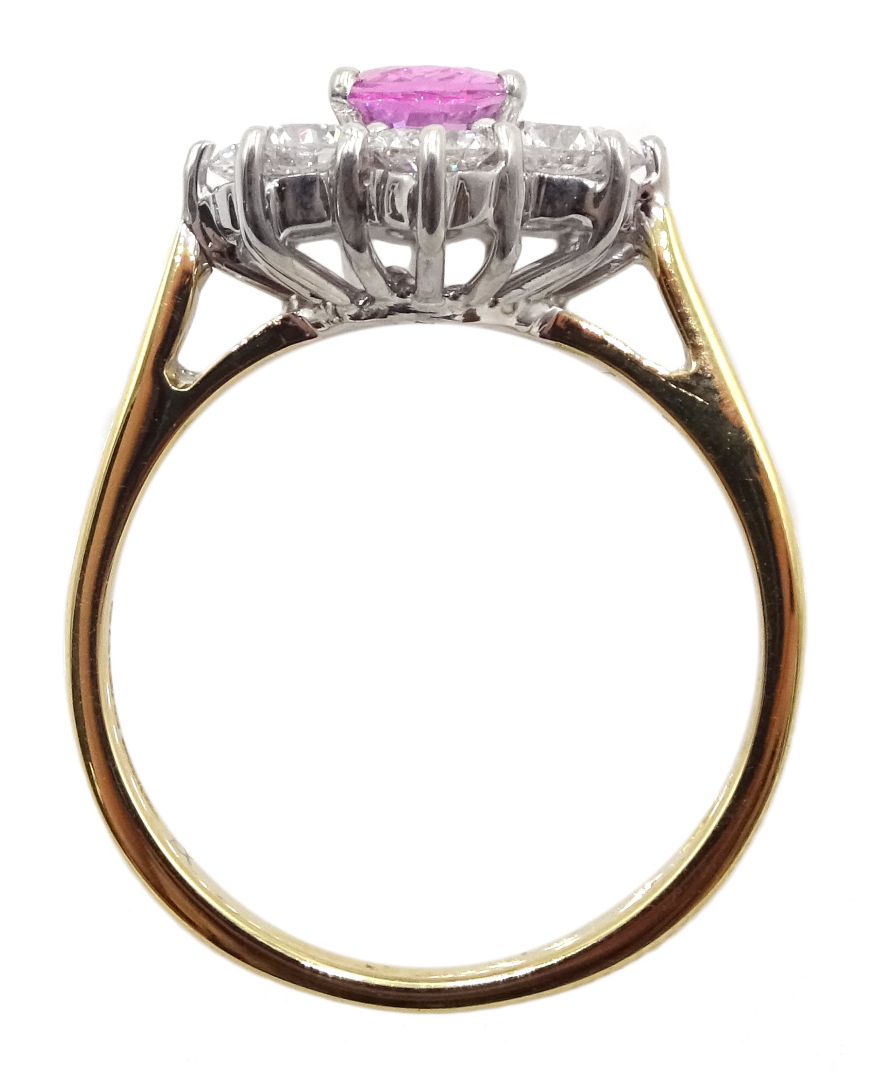 18ct gold pink sapphire and diamond cluster ring, hallmarked, sapphire approx 0.90 carat, total diam - Image 5 of 11