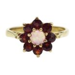 9ct gold opal and garnet cluster ring, hallmarked