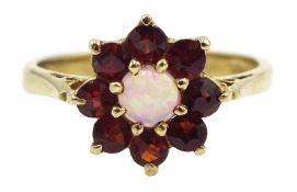 9ct gold opal and garnet cluster ring, hallmarked