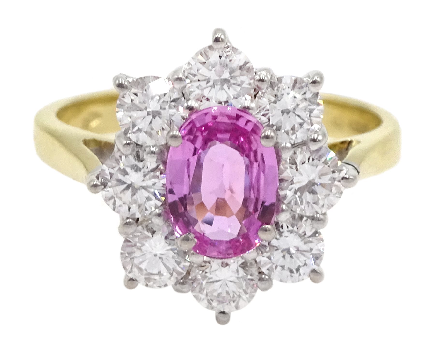 18ct gold pink sapphire and diamond cluster ring, hallmarked, sapphire approx 0.90 carat, total diam