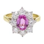 18ct gold pink sapphire and diamond cluster ring, hallmarked, sapphire approx 0.90 carat, total diam