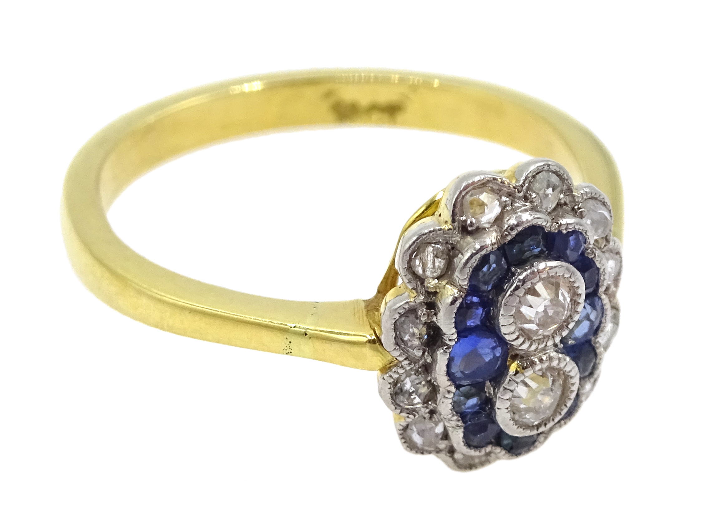 18ct gold milgrain set old cut diamond and sapphire ring, two central diamonds, with a surround of s - Image 6 of 7