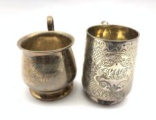 Victorian engraved silver christening mug London 1883 Maker Josiah Williams & Co and a plain silver