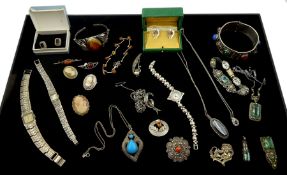 Collection of silver stone set jewellery including marcasite brooches, amber bangle, bracelet and br