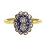 18ct gold milgrain set old cut diamond and sapphire ring, two central diamonds, with a surround of s