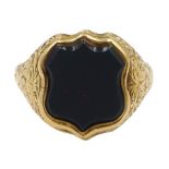 Early 20th century 15ct gold bloodstone shield design signet ring, Birmingham 1914