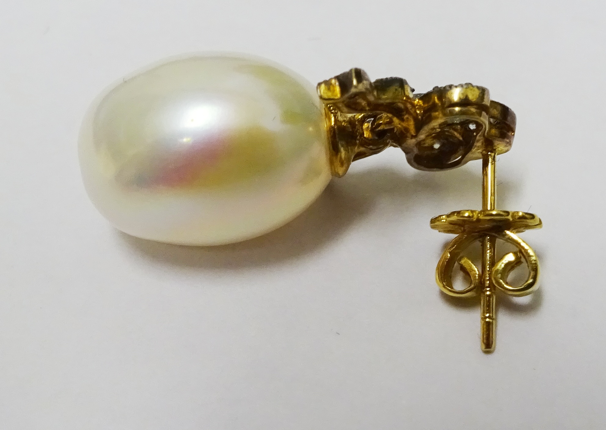 Pair of oval cultured pearl and diamond bow pendant earrings - Image 2 of 2