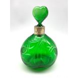 Late Victorian green glass scent flask with incised decoration, silver collar and heart shape stoppe