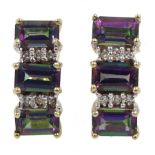 Pair of 9ct gold mystic topaz and diamond earrings, stamped 375