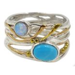 Silver and 14ct gold wire opal and turquoise ring, stamped 925