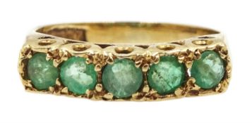 9ct gold five stone emerald ring, hallmarked