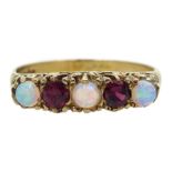 9ct gold five stone opal and garnet ring, hallmarked