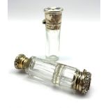 Silver scent flask with floral enamel hinged lid Birmingham 1920 and a clear glass double ended scen