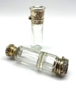 Silver scent flask with floral enamel hinged lid Birmingham 1920 and a clear glass double ended scen