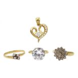 Three gold cubic zirconia rings and a gold cubic zirconia heart pendant, all hallmarked 9ct