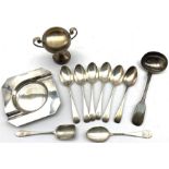 Set of six silver tea spoons London 1909, William IV silver sauce ladle, other silver cutlery, small