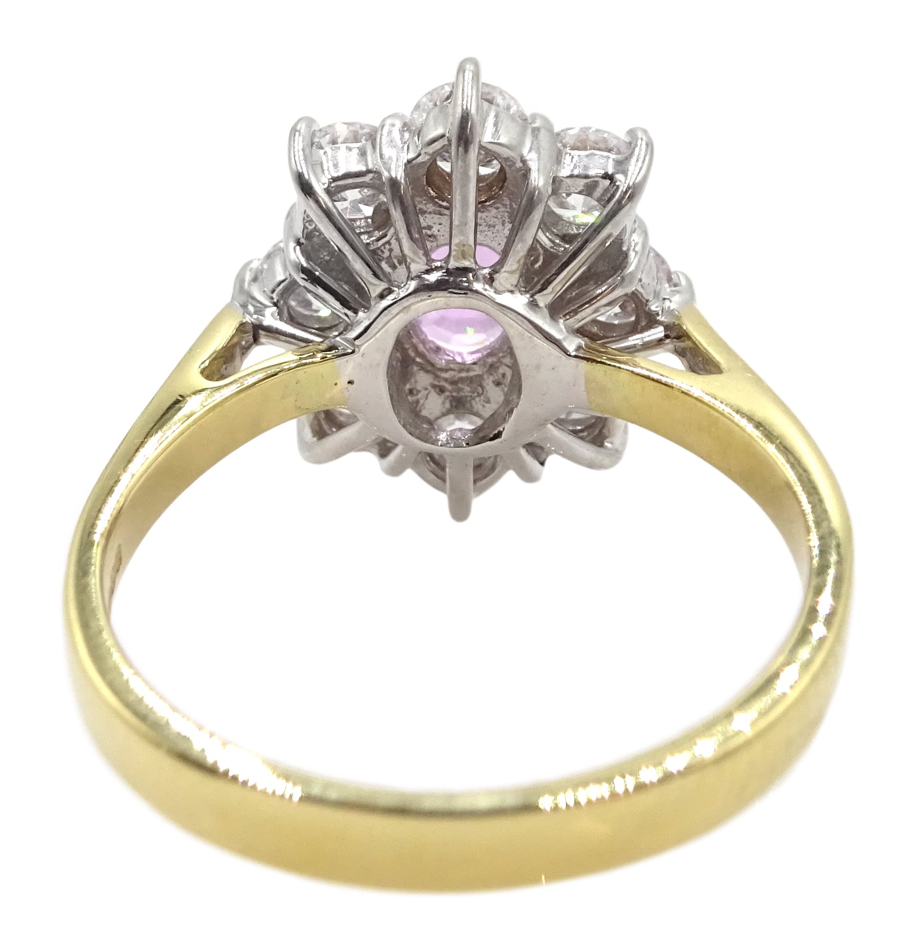 18ct gold pink sapphire and diamond cluster ring, hallmarked, sapphire approx 0.90 carat, total diam - Image 6 of 11