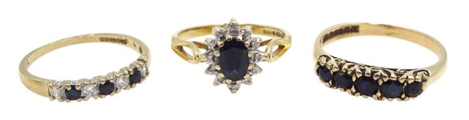 Gold sapphire and diamond cluster ring, gold sapphire and cubic zirconia ring and a five stone sapph