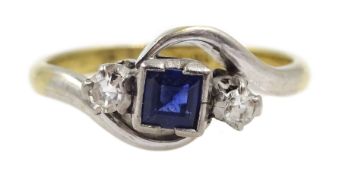 Gold square cut sapphire and round old cut diamond three stone ring, stamped Plat 18ct