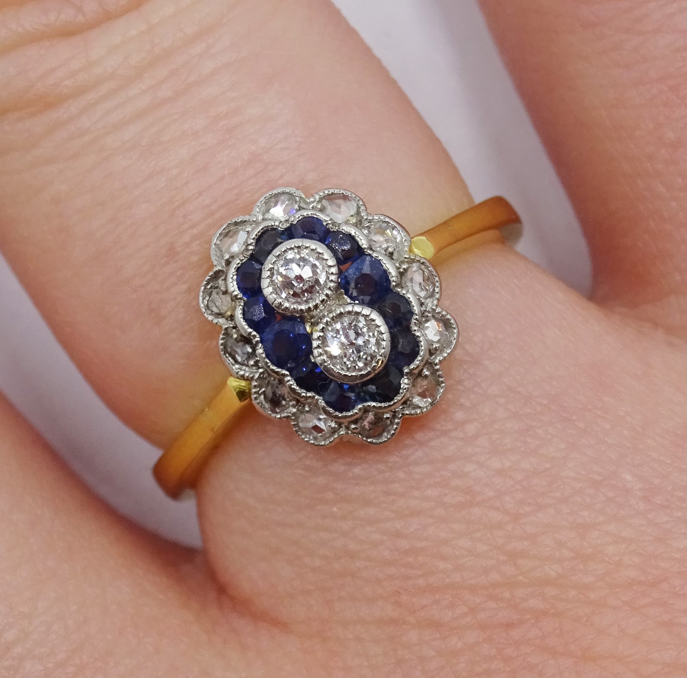 18ct gold milgrain set old cut diamond and sapphire ring, two central diamonds, with a surround of s - Image 5 of 7