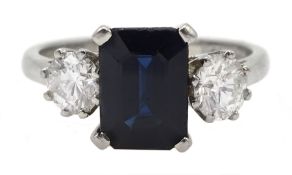 Platinum three stone sapphire and round brilliant cut diamond ring, hallmarked, sapphire approx 2.00