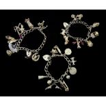 Three silver charm bracelets with various charms including bicycle, Viking ship, clock etc, stamped