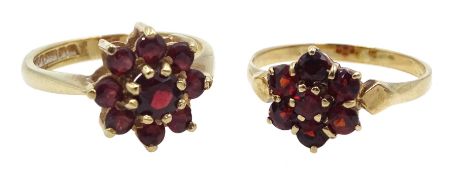 Two 9ct gold garnet cluster rings, stamped or hallmarked